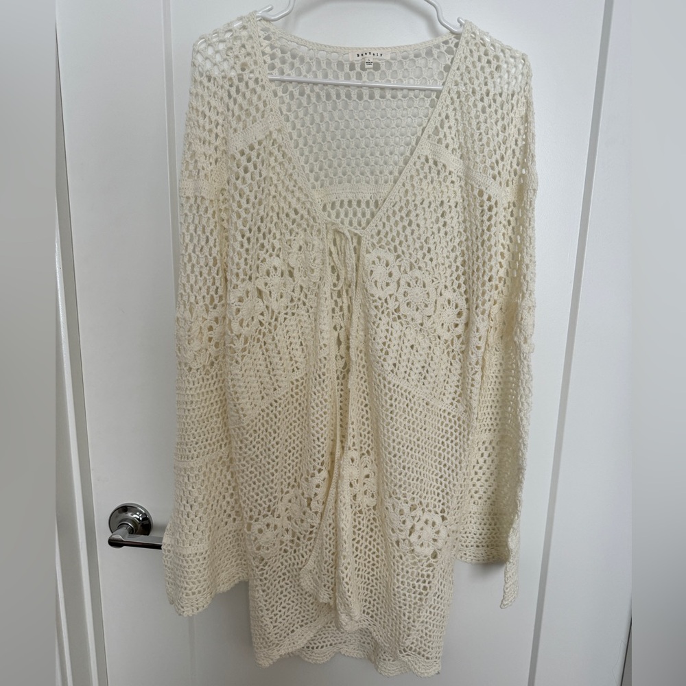 White/Cream Long Sleeve, Crochet Tunic Top, Tie Front, Swimsuit Cover Up